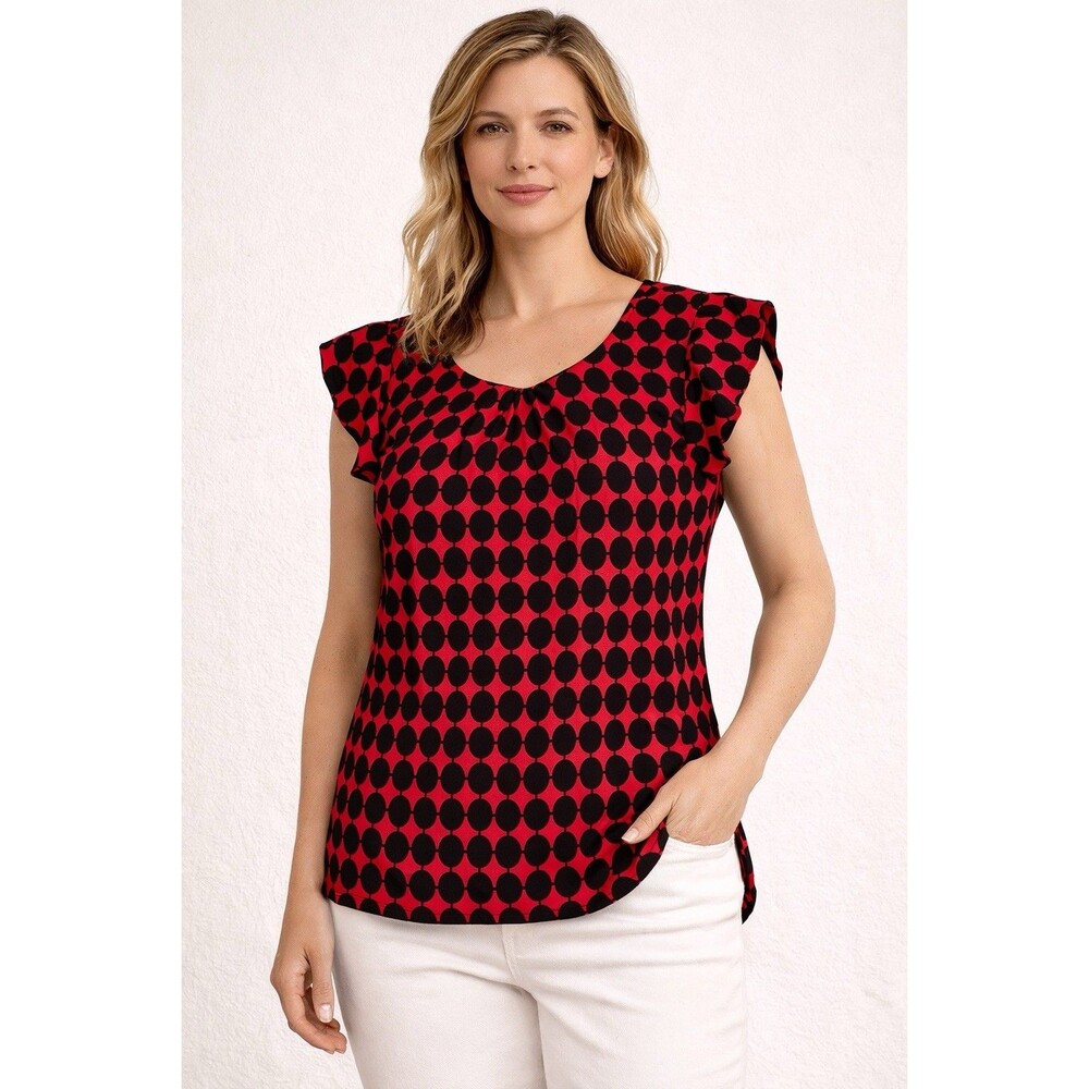 Michael Kors Red Black Polka Dot Flutter Sleeve Blouse Women S/P Scoop Neck